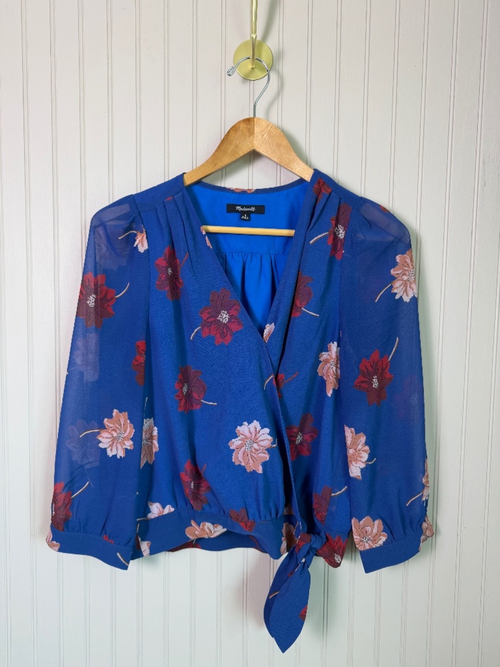 Madewell Blue Floral Wrap Tie Blouse Size M Sheer Boho Top